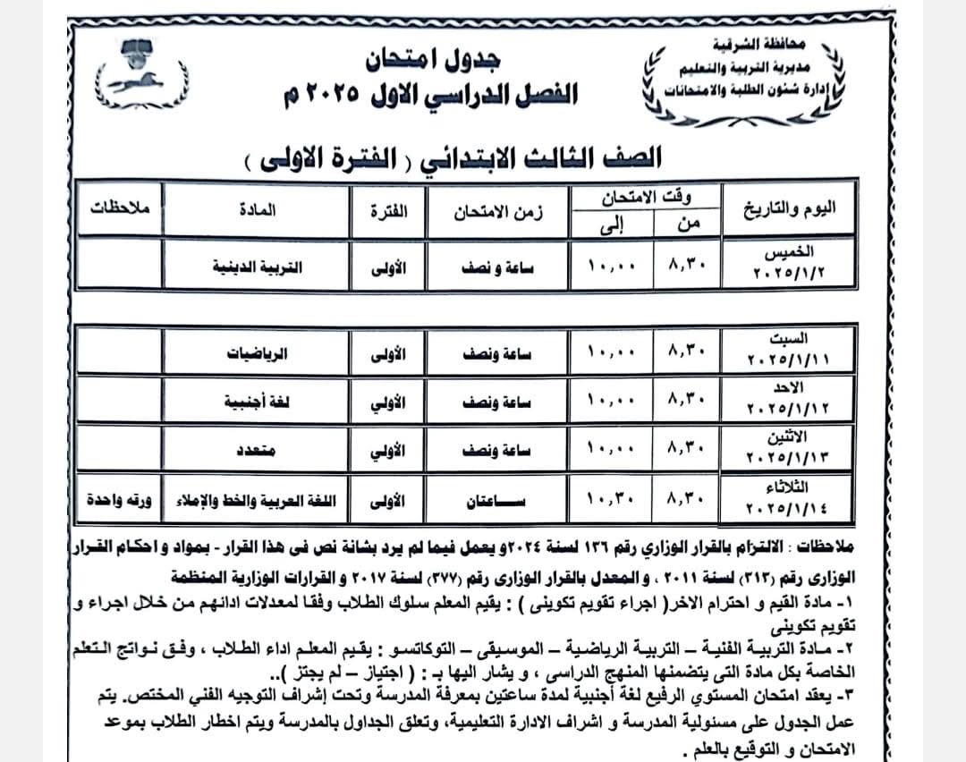 جدول امتحان نصف العام -الشرقية