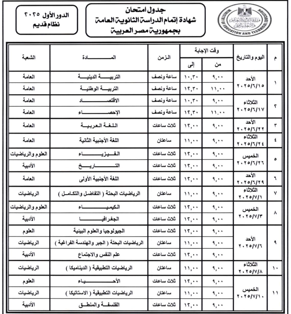 جدول امتحانات نظام قديم - الثانوية العامة للدور الأول 2025
