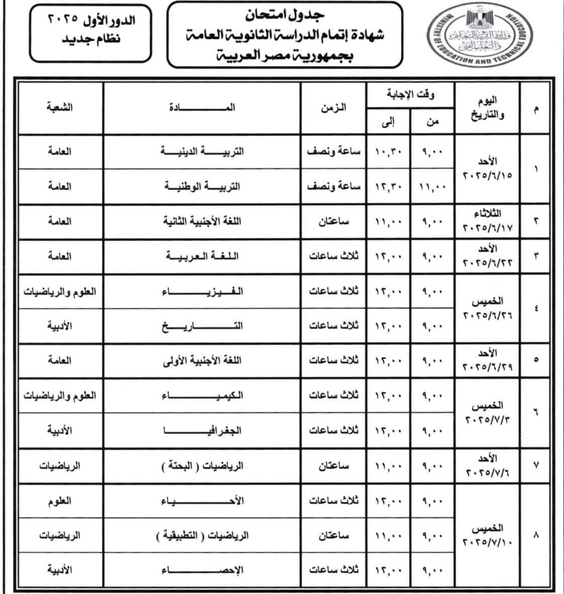 جدول امتحانات نظام جديد - الثانوية العامة للدور الأول 2025