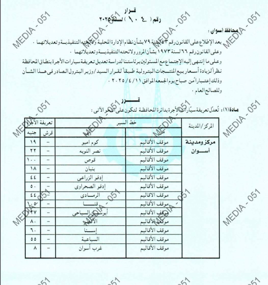 تعريفة المواصلات الجديدة 2025 أسوان (١)