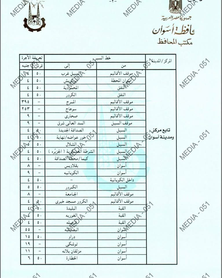 تعريفة المواصلات الجديدة 2025 أسوان (٢)