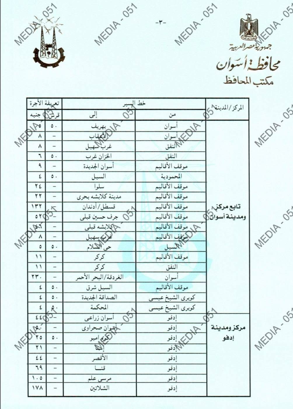 تعريفة المواصلات الجديدة 2025 أسوان (٣)