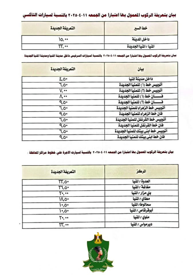 تعريفة المواصلات الجديدة 2025 المنيا (١)