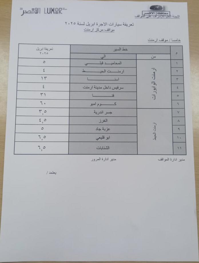 تعريفة المواصلات الجديدة 2025 الأقصر