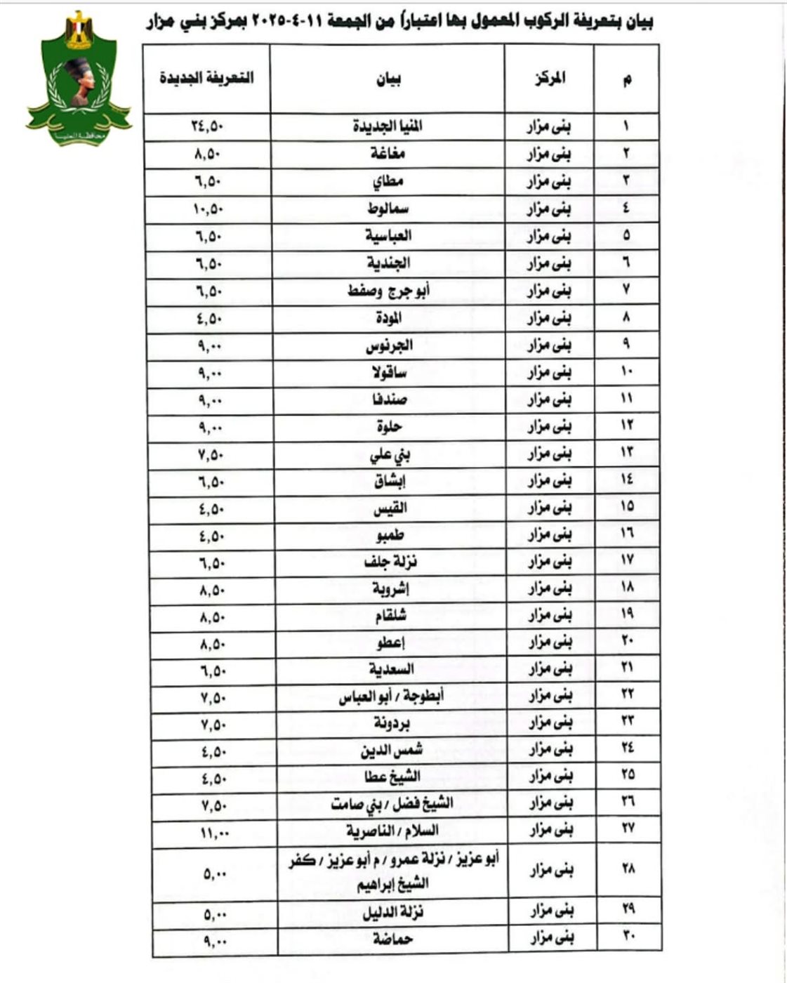 تعريفة المواصلات الجديدة 2025 المنيا (٧)