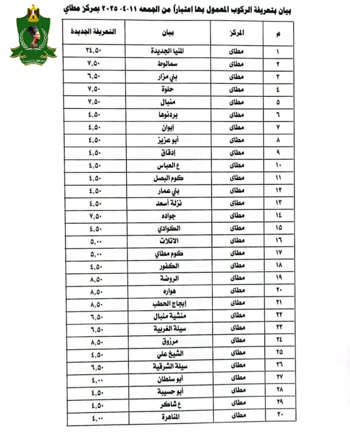 تعريفة المواصلات الجديدة 2025 المنيا (٨)