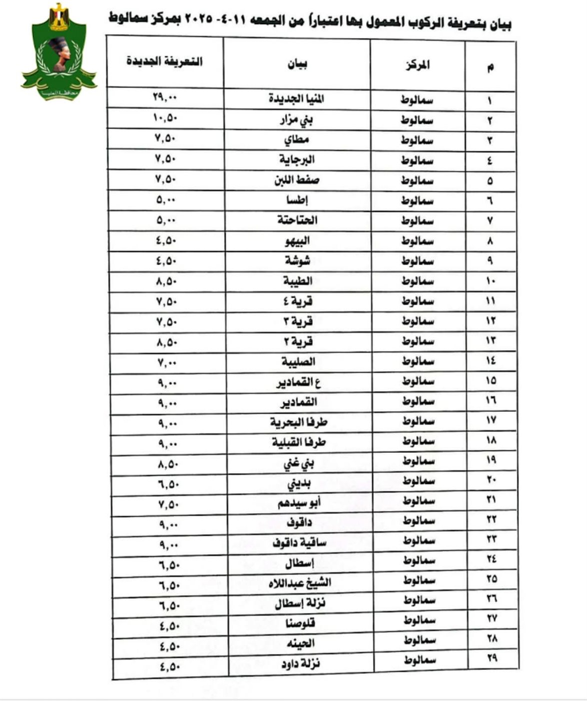 تعريفة المواصلات الجديدة 2025 المنيا (١٠)
