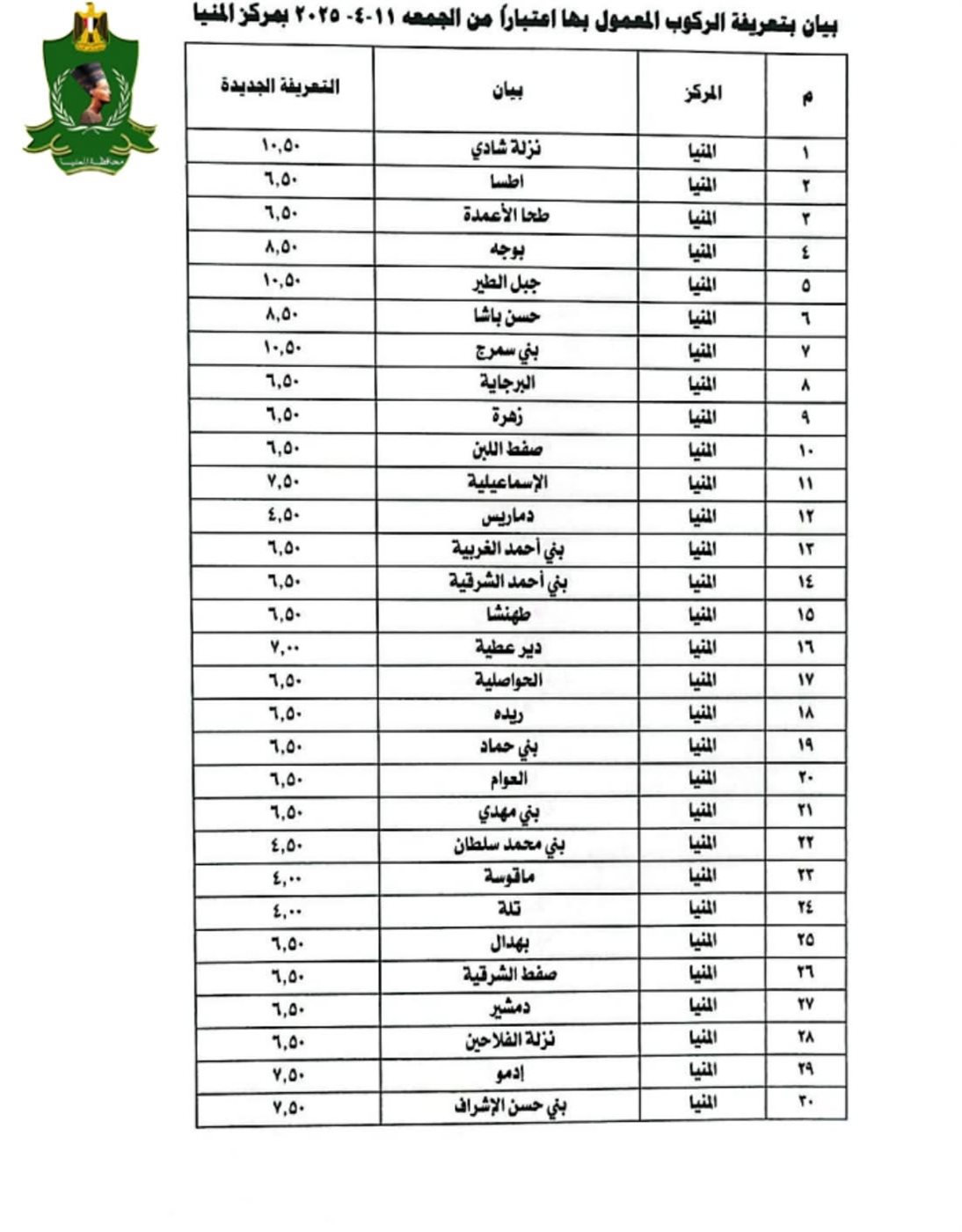 تعريفة المواصلات الجديدة 2025 المنيا (١٢)