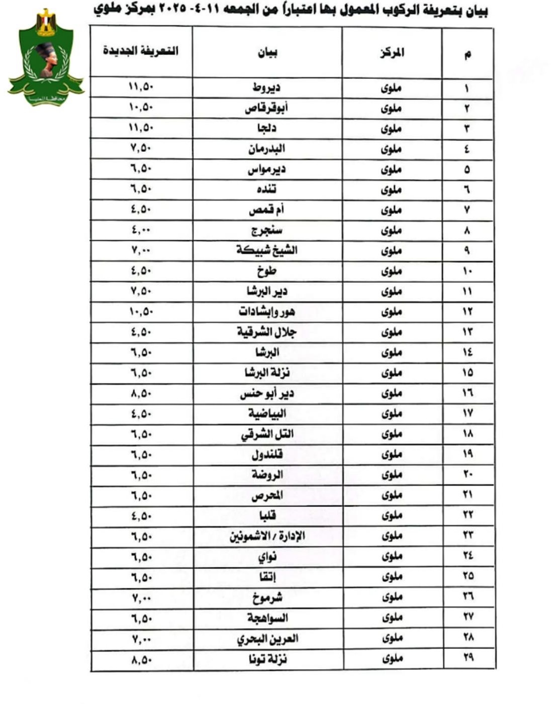تعريفة المواصلات الجديدة 2025 المنيا (١٧)