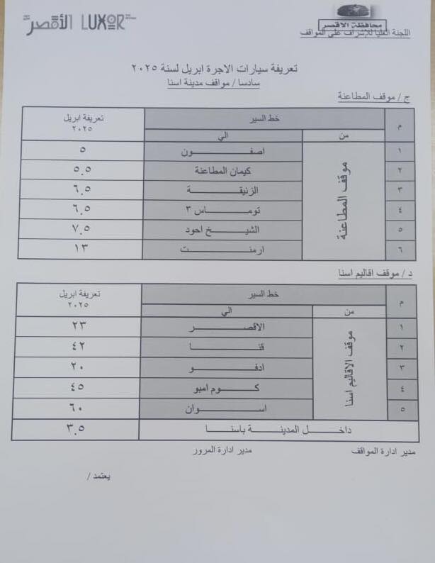 تعريفة المواصلات الجديدة 2025 الأقصر