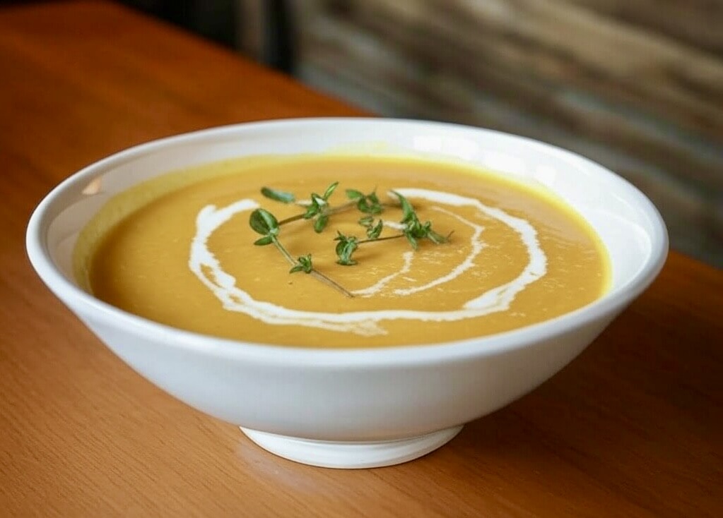 شوربة يقطين كريمية في طبق تقديم مميز
