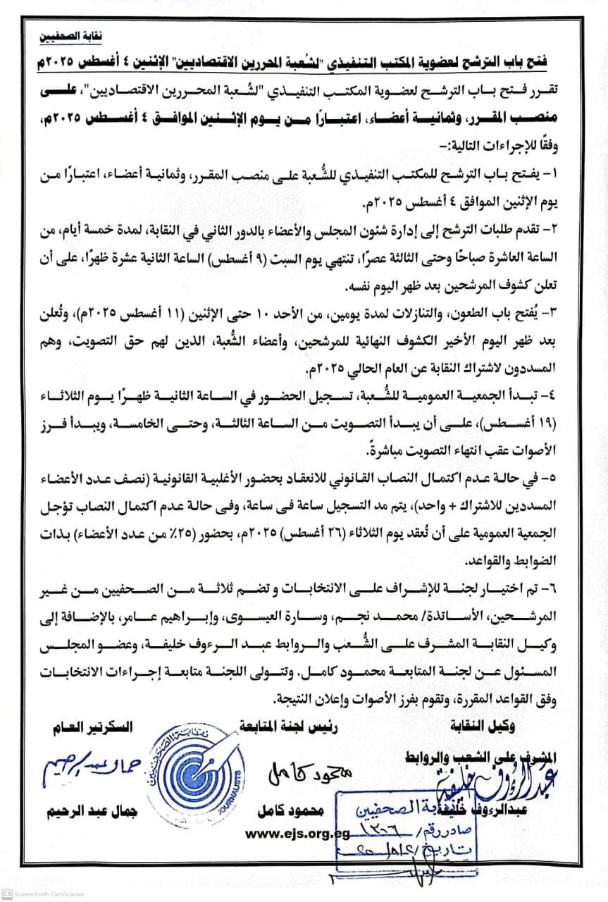 فتح باب الترشح لانتخابات شعبة المحررين الاقتصاديين