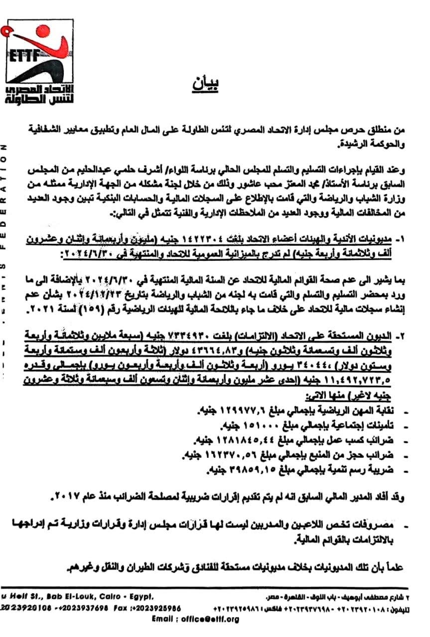 نص  بيان الاتحاد المصري لتنس الطاولة