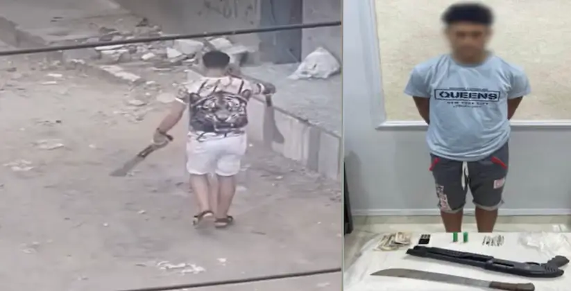 ضبط شخص لوح بسلاح أبيض وبحوزته حشيش وشابو وبندقية خرطوش