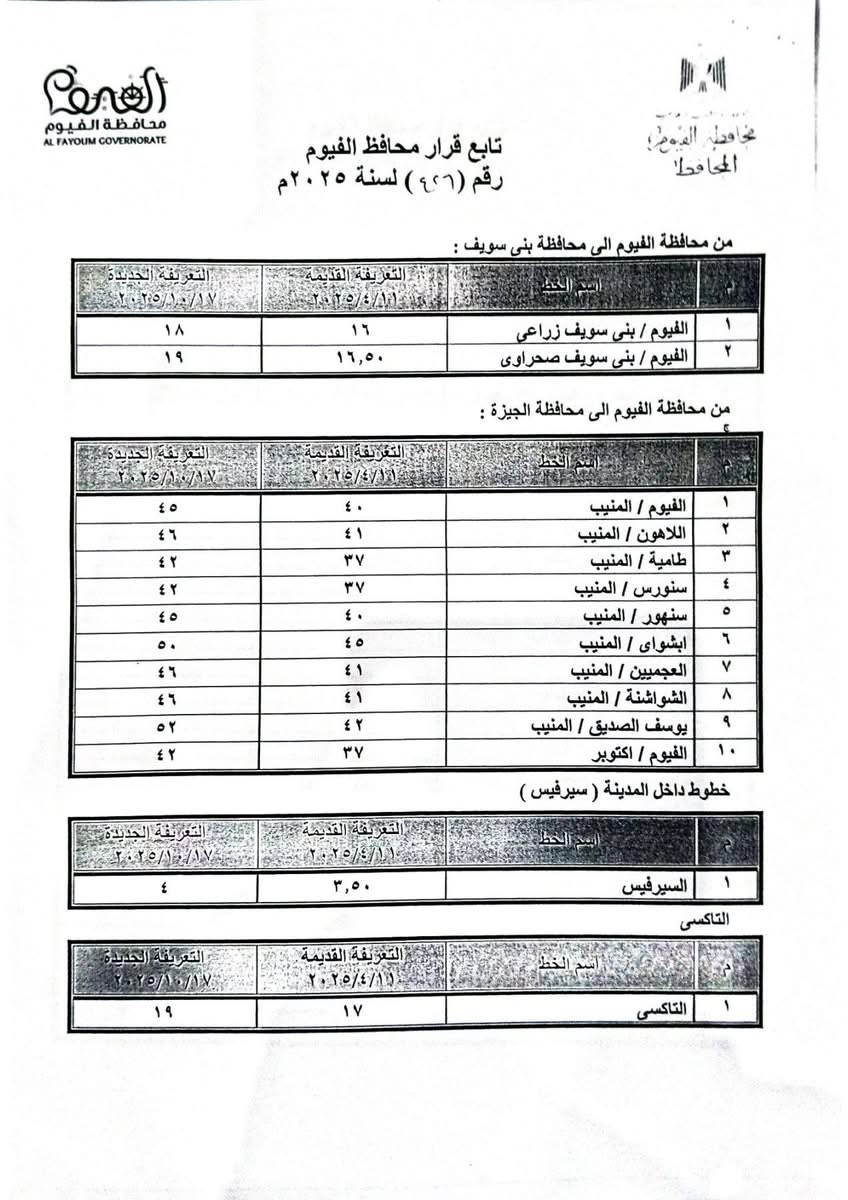 تعريفة المواصلات الجديدة في الفيوم ٢