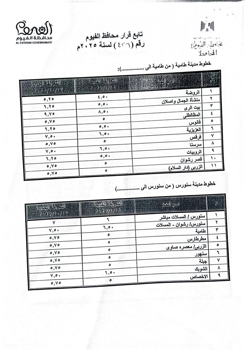 تعريفة المواصلات الجديدة في الفيوم ٥