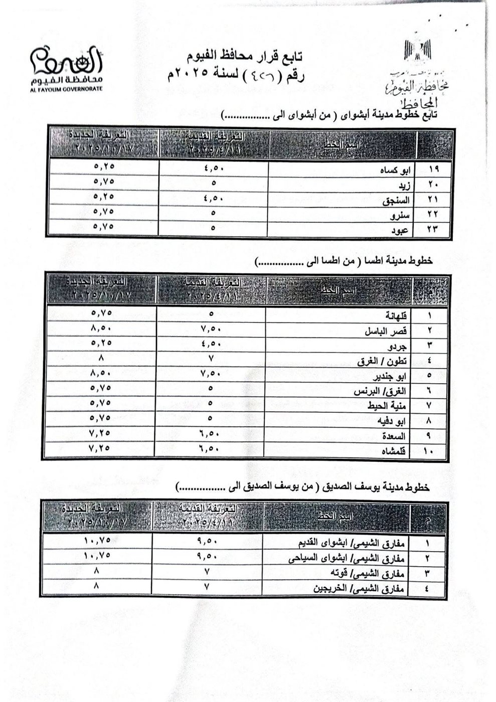 تعريفة المواصلات الجديدة في الفيوم ٧
