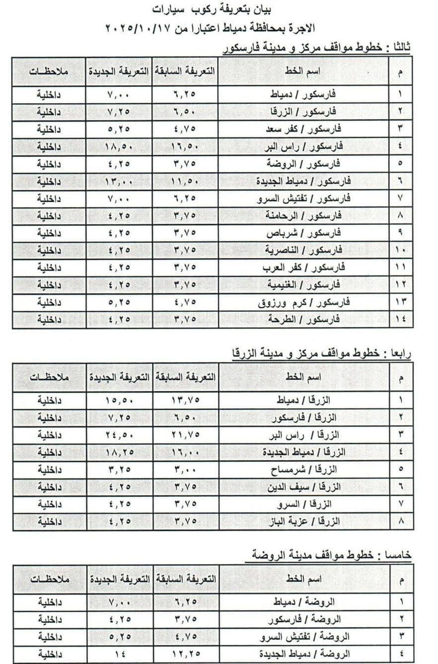 تعريفة المواصلات الجديدة في دمياط ٣