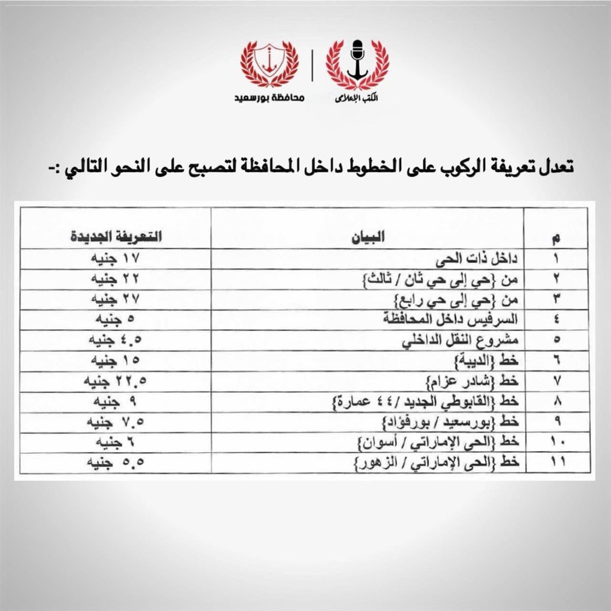 تعريفة الركوب الجديدة في محافظة بورسعيد