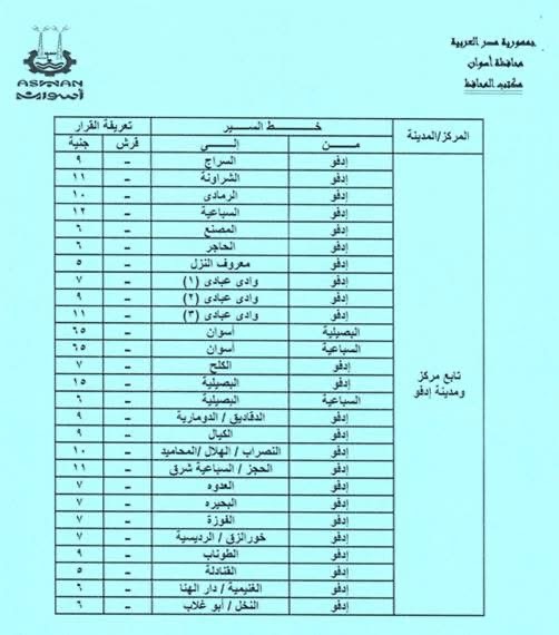 تعريفة المواصلات الجديدة في أسوان ٤
