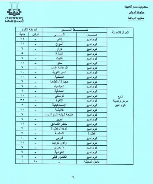 تعريفة المواصلات الجديدة في أسوان ٦