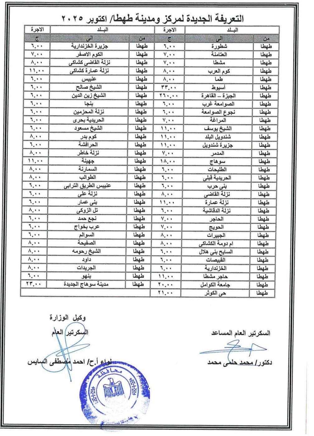 تعريفة الأجرة الجديدة في محافظة سوهاج ٤