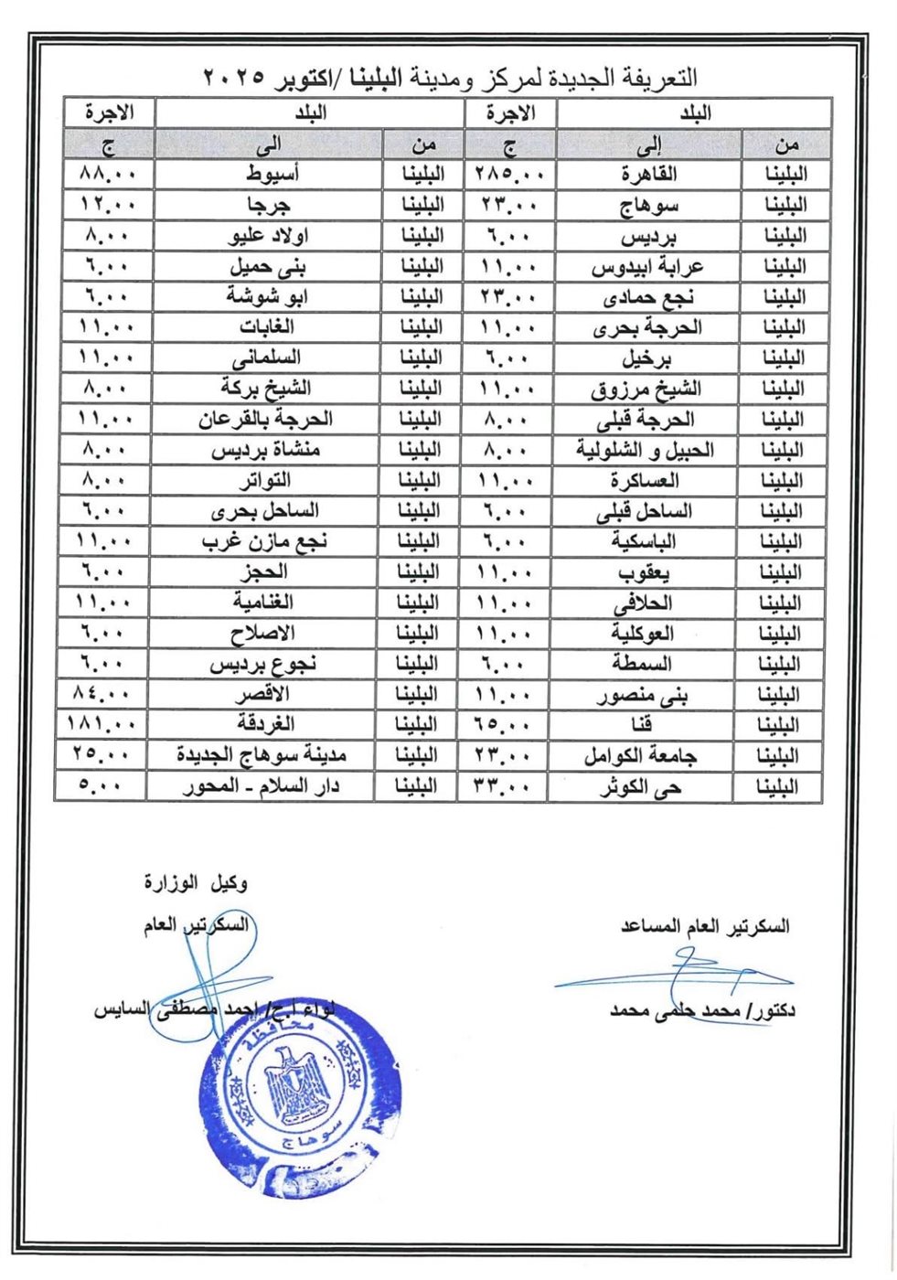 تعريفة الأجرة الجديدة في محافظة سوهاج ٨