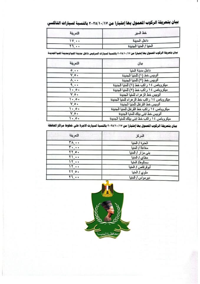 تعريفة المواصلات الجديدة في المنيا ١