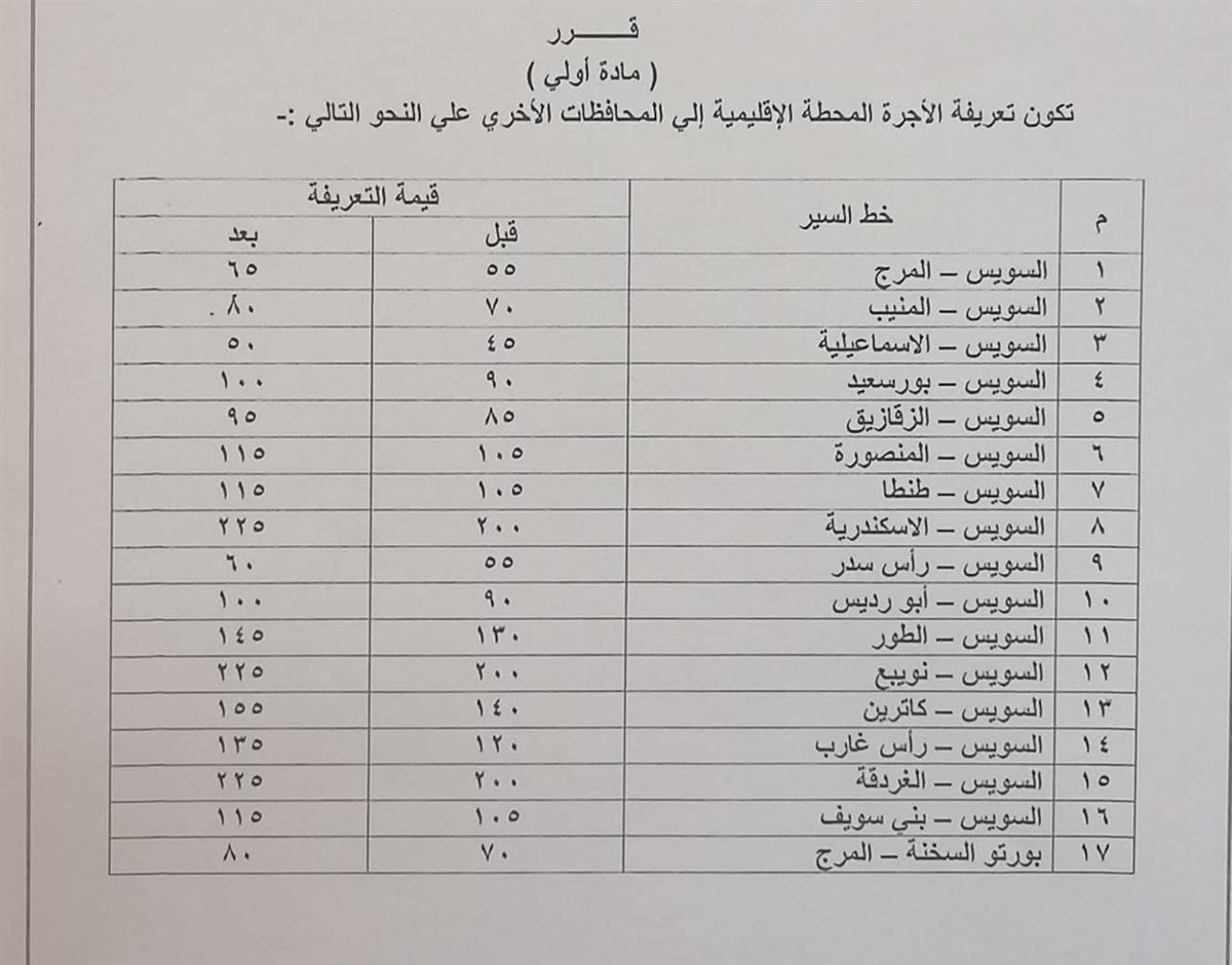 تعريفة الأجرة الجديدة في محافظة السويس ١