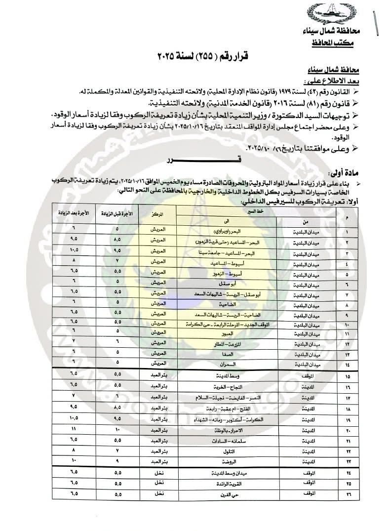 تعريفة الأجرة الجديدة في شمال سيناء ١