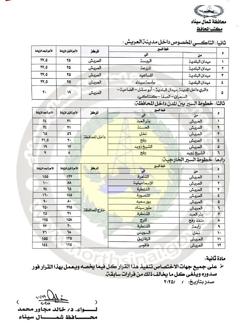 تعريفة الأجرة الجديدة في شمال سيناء ٢