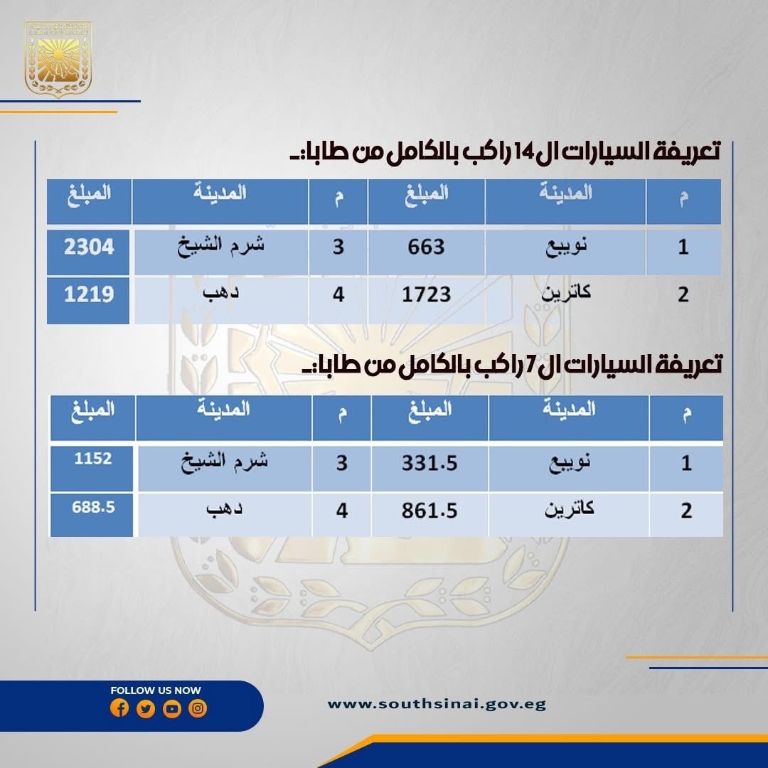 تعريفة الأجرة الجديدة في جنوب سيناء ٧