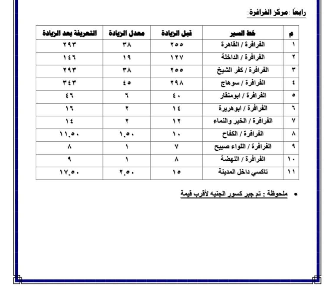 تعريفة الركوب الجديدة في الوادي الجديد ٣