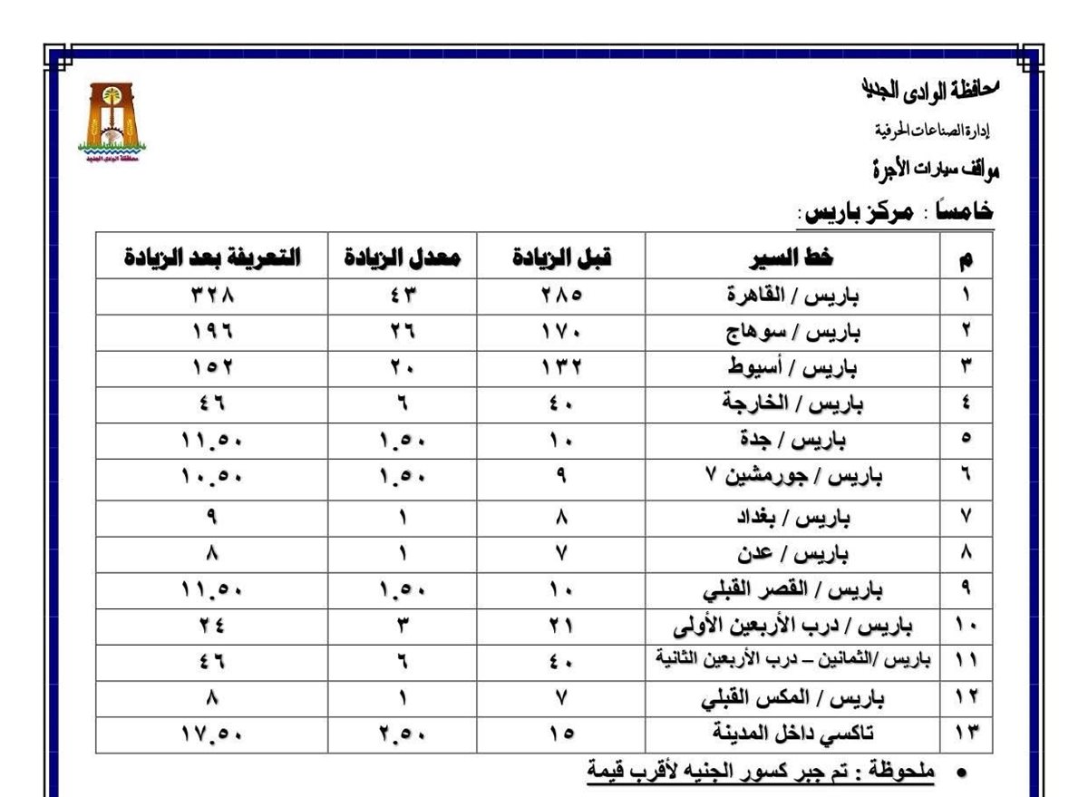 تعريفة الركوب الجديدة في الوادي الجديد ٤