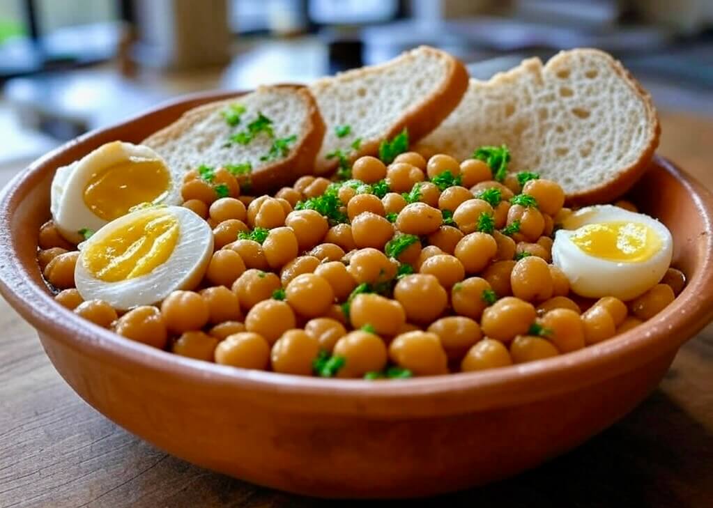 طبق لبلابي تونسي ساخن بالحمص والخبز والبيض