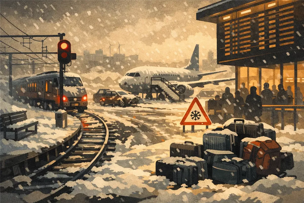 عاصفة ثلجية وتعطيل الرحلات الجوية في المطارات - Illustration