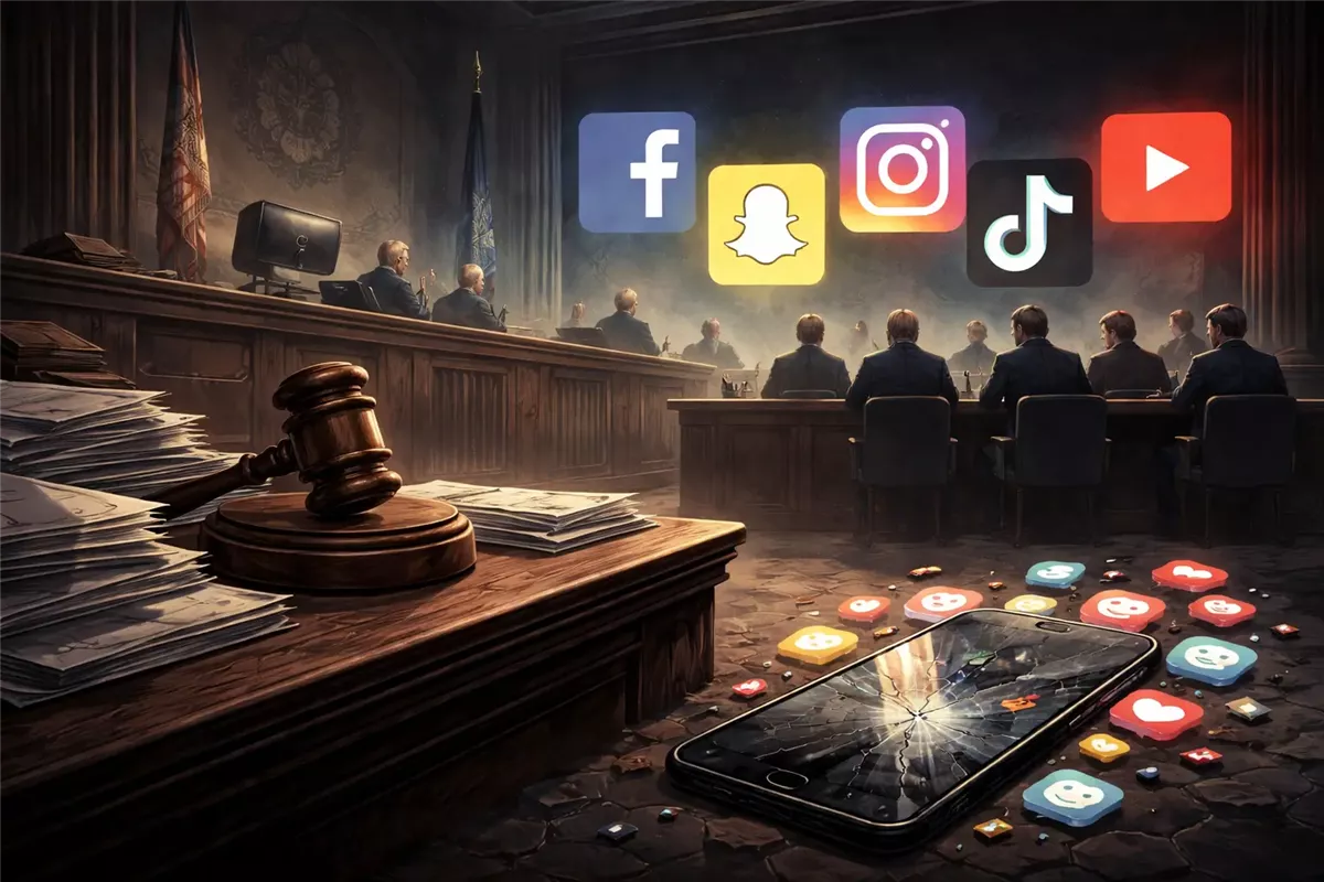 قضية قانونية تناقش تأثير وسائل التواصل على الصحة النفسية - Illustration