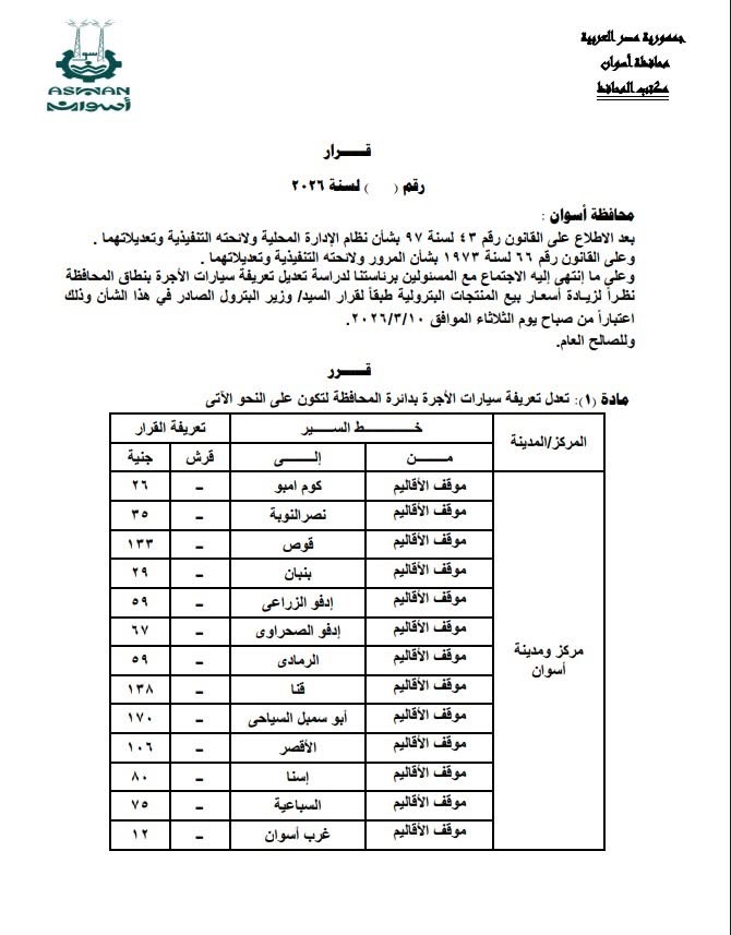 تعريفة المواصلات في أسوان (1)