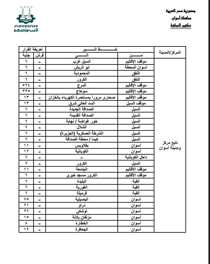 تعريفة المواصلات في أسوان (2)