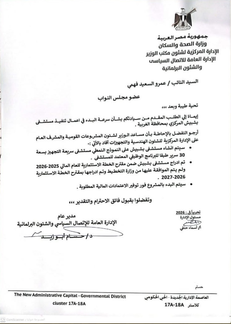 مخاطبة وزارة الصحة للنائب عمرو السعيد فهمي