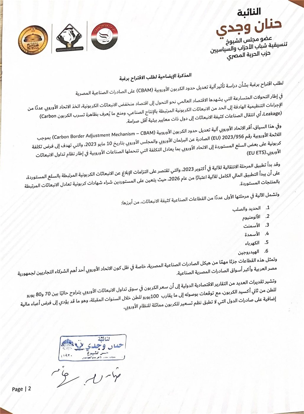 نص الاقتراح برغبة المقدم من النائبة حنان وجدي ٢