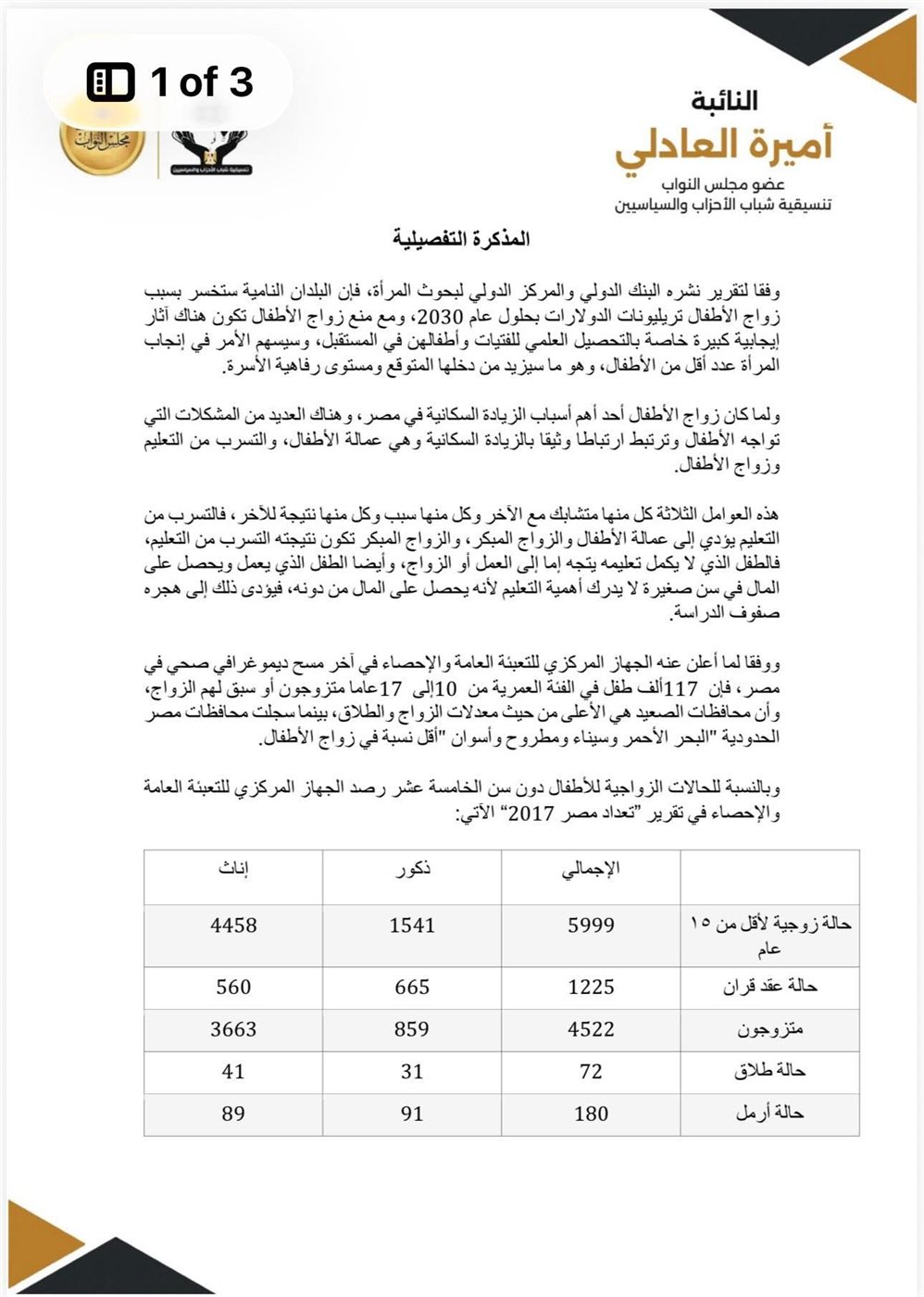 مشروع القانون المقدم من النائبة أميرة العادلي ٢