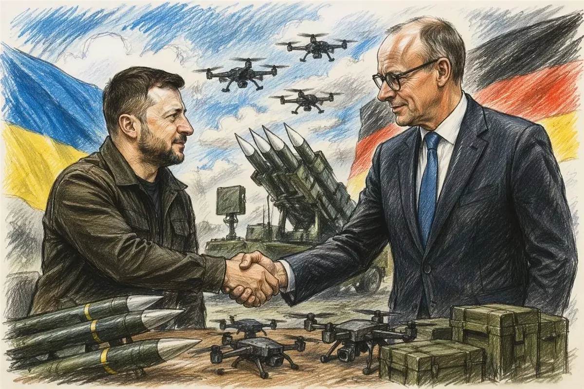 ميرتس وزيلينسكي يعلنان في برلين صفقة دفاعية - Illustration