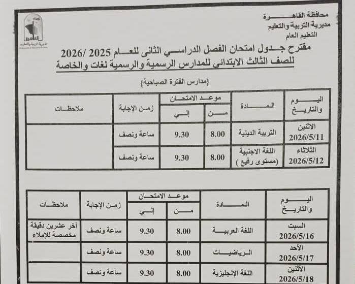 جدول امتحانات القاهرة 2026 للفصل الدراسي الثاني ٥