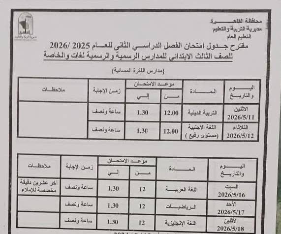 جدول امتحانات القاهرة 2026 للفصل الدراسي الثاني ٦