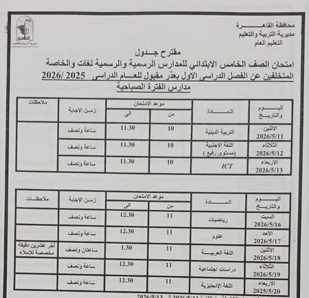 جدول امتحانات القاهرة 2026 للفصل الدراسي الثاني ١