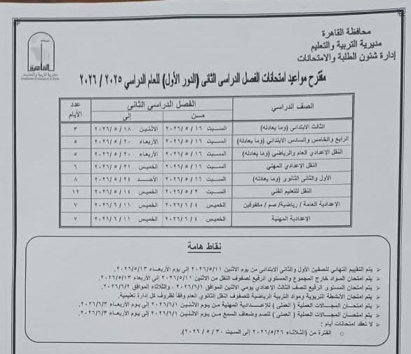 جدول امتحانات القاهرة 2026 للفصل الدراسي الثاني ٣١