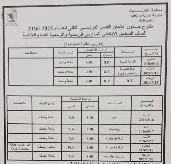 جدول امتحانات القاهرة 2026 للفصل الدراسي الثاني ١١