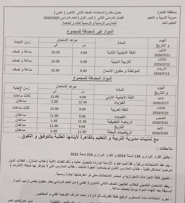 جدول امتحانات القاهرة 2026 للفصل الدراسي الثاني ١٩