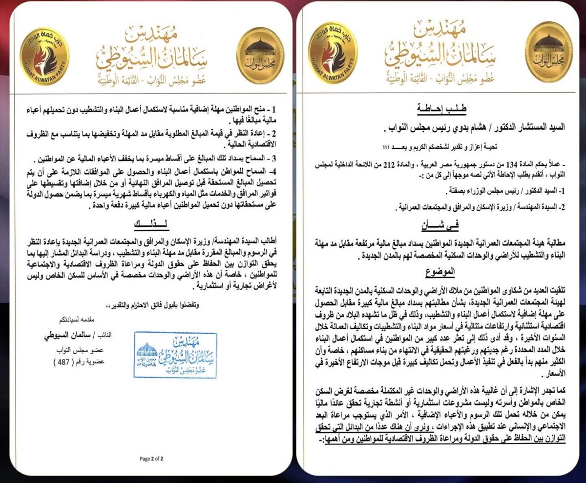النائب سلمان السيوطي يطالب بتقسيط رسوم مهلة البناء
